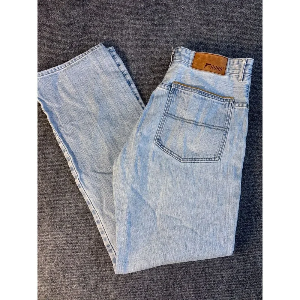 Road Jeans Men Size 33x34 Blue Denim Pockets Flat Front Regular Fit Straight Leg